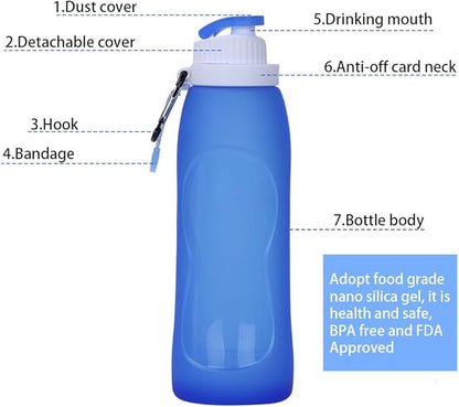 Collapsible Water Bottles(2 Count), MCOMCE Foldable Water Bottles for Travel & Collapsable Water Bottle with Clip for Backpack, Portable Silicone Water Bottle, Collapse Water Bottles for Travel