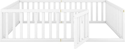 Queen Size Floor Bed with Fence, Solid Wood Floor Bed Frame for Kids with Door, Twin Platform Bed for Boys and Girls Kids Teens, Fun Design, for Children Bedroom