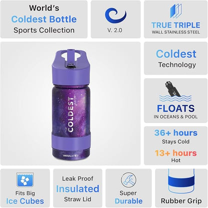 Coldest Sports Water Bottle - Straw Lid Bottle with Handle Leak Proof, Vacuum Insulated Stainless Steel, Double Walled, Thermo Mug, Metal | Astro Purple 14 oz