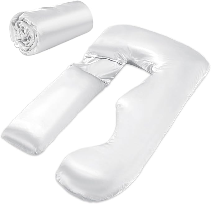 HOMBYS Silky Satin Pregnancy Pillow Cover (ONLY Pillowcase), Luxurious Smooth Maternity Pillow Cover, U Shaped Soft & Breathable Large Pillow Protector for Side Sleeper, 58.6" L x 30.9" W, White