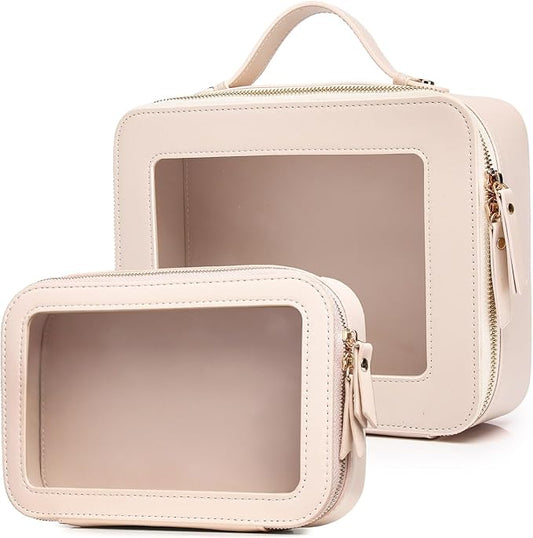 Clear Makeup Bag for Women Waterproof Travel Cosmetics and Toiletries Case Portable Makeup Oaganizer Bag Clear Car Bag with Zipper (Beige, M+L-1)