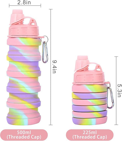 Collapsible Water Bottles Two Pack Travel Sports Portable Sport Water Bottle comes with mountaineering Buckle 500ml silicone Water-proof camping water bottle (Blue camouflage+Pink camouflage)