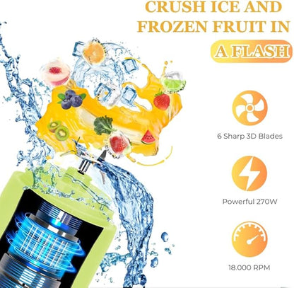 Cordless 21oz Portable Blender BPA Free With Personal Blender Cup, Best For Smoothie, Shakes, and Cocktails, With Durable Stainless Steel Blades, USB-C Rechargeable in Lime By WIZTRONIX