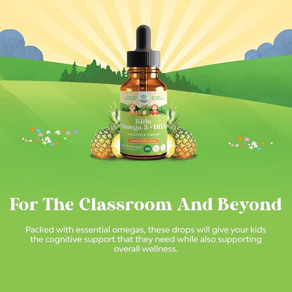 Liquid Omega 3 EPA DHA for Kids - Organic Vegan Omega 3 for Kids Brain Eye and Full Body Development with Vegan DHA EPA & ALA - Kids Omega 3 Liquid Supplement with Algae & Flaxseed Oil - 50 Servings