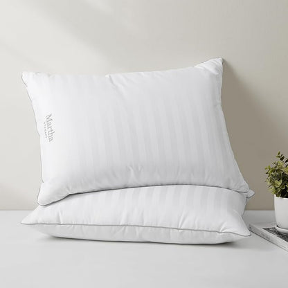 MARTHA STEWART Hotel Collection Meidum Soft Feather Down Pillows 100% Cotton 500 Thread Count Damask Stripe Embroidered, Queen Size Set of 2, White 2