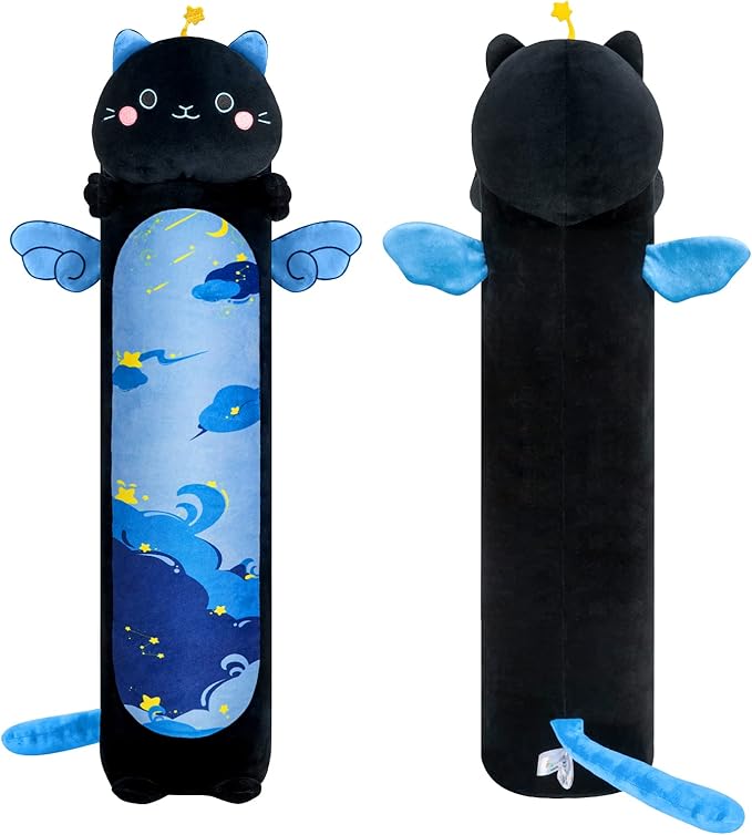 Long Cat Plush Kawaii Body Pillow, 53” Cute Black Cat Stuffed Animals Soft Plushies, Blue Star Kitten Big Plush Toys Throw Pillow Doll Gift for Girlfriend