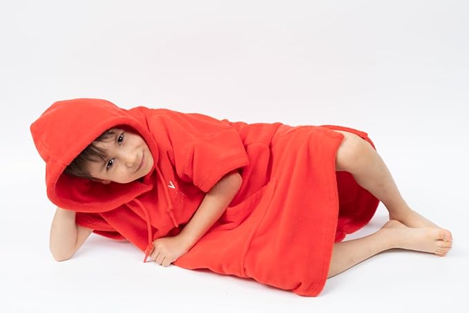 Cotton/Microfiber Kids Surf Poncho, Wetsuit Changing Towel Bath Robe with Hood and Pocket for Ages 3-7 and 8-12 (Coral Red, 3-7 Years)
