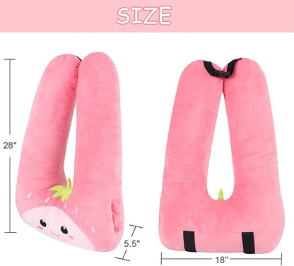Kids Travel Pillow for Car Seat with Hand Muff, Cartoon Neck & Headrest Seat Belt Pillow for Car Road Trips Long-Distance Travel Sleeping Pillow for Adults and Children, Strawberry