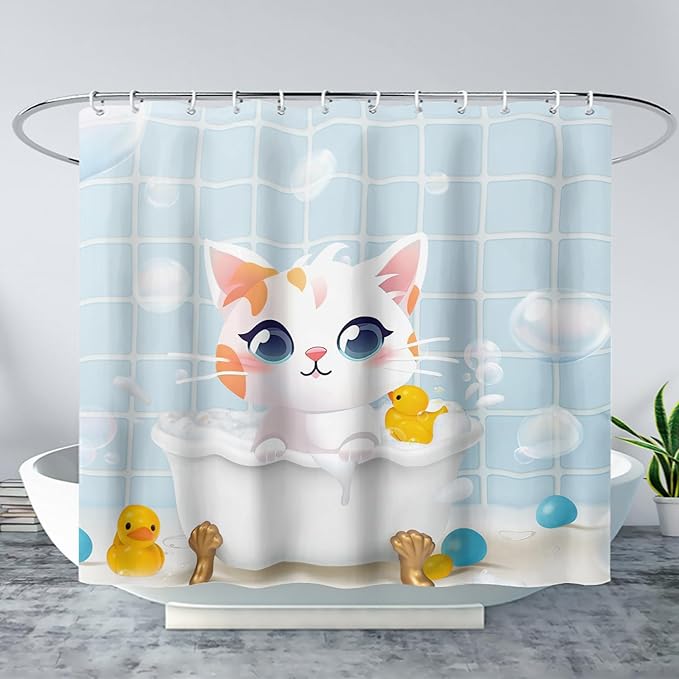 AILONEN Cartoon Bathtub Cat Shower Curtain for Kids 48" W*72" H Kawaii Shower Kitten and Duck Shower Curtain,Polyester Waterproof Fabric Decor for Bathroom Bathtub Panels