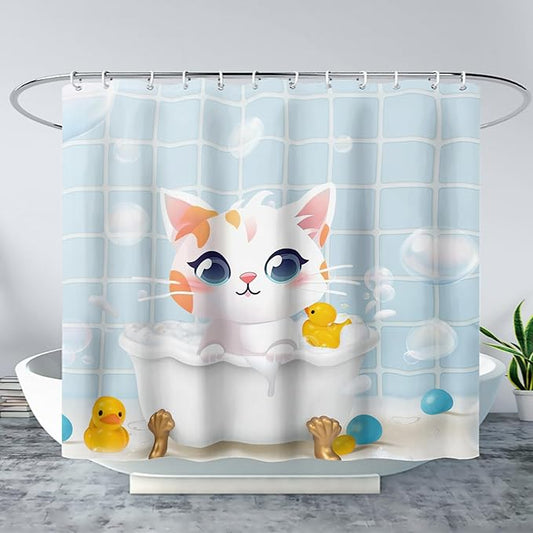 AILONEN Cartoon Bathtub Cat Shower Curtain for Kids 48" W*72" H Kawaii Shower Kitten and Duck Shower Curtain,Polyester Waterproof Fabric Decor for Bathroom Bathtub Panels