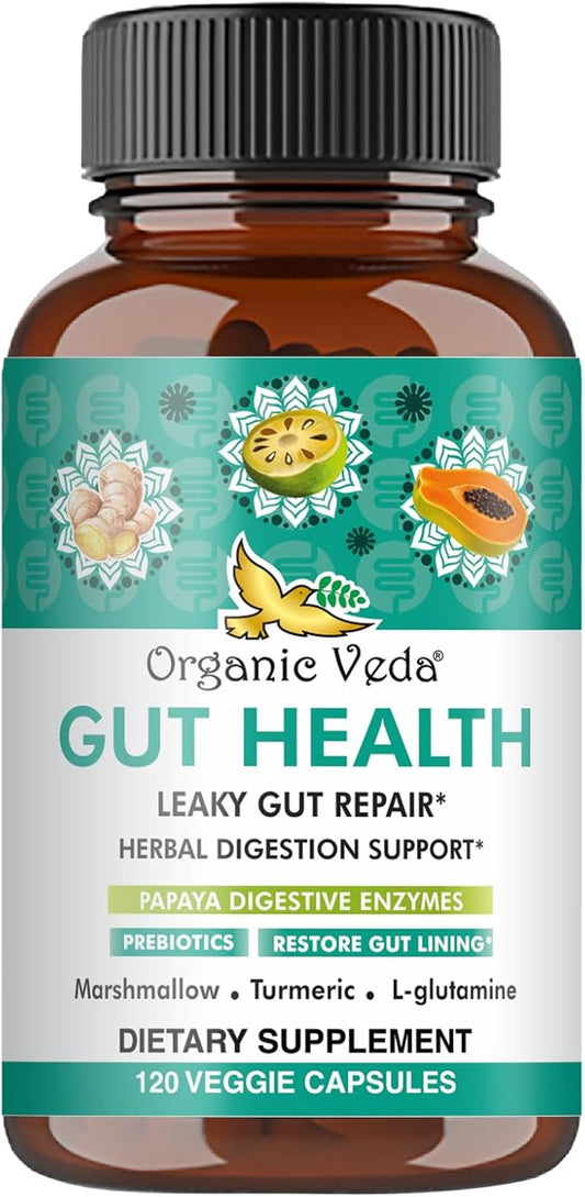 Organic Veda Gut Health Supplement - Leaky Gut Repair Capsules with Papaya Digestive Enzymes, Prebiotics, L-Glutamine, Turmeric - Support Bowel Movement & Cleanse Colon - 120 Count