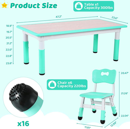 Kids Table and 6 Chairs Set, Height Adjustable Graffiti Desk, Preschool Activity Art Craft Table, for Daycare Classroom Home Boys and Girls Age 3-12 (Light Green)