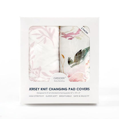Stretch Ultra Soft Jersey Knit Changing Pad Cover Set 2 Pack, Change Table Pad Covers Fit 32"/34" x 16" Pads Safe and Snug, Pretty Flowers and Insects Pattern for Baby Girls