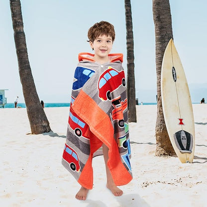 Kids Hooded Bath Beach Towel Girls Boys, Super Absorbent & Soft Towel Poncho for Shower/Beach/Pool Child Cover ups 50"x30" Large Towel Wrap (Car Pattern)