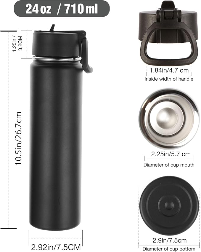 Volhoply 24oz Insulated Water Bottle With Straw Bulk 6 Pack,Metal Wide Mouth Water Bottles With Handle Lid Keep Cold,Reusable Double Wall Thermos,Powder Coated Sport Bottle For Holder(Mix,6 Count)