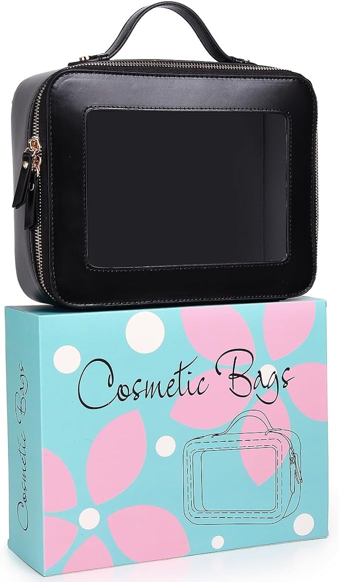 Clear Makeup Bag for Women Waterproof Travel Cosmetics and Toiletries Case Portable Makeup Oaganizer Bag Clear Car Bag with Zipper (Black, M+L-1)
