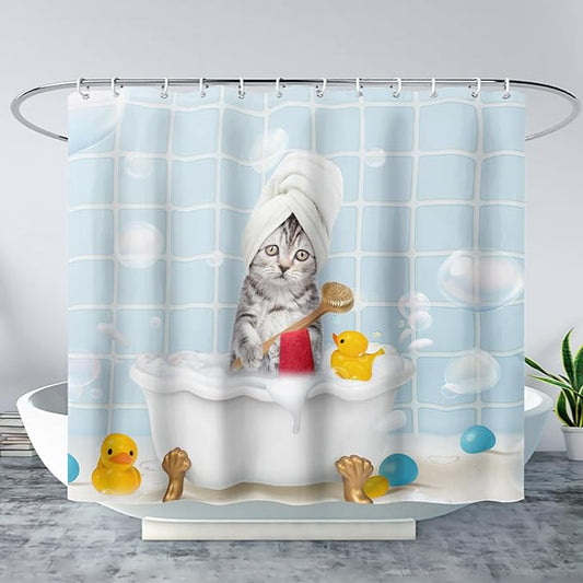 AILONEN 3D Bathtub Cat Shower Curtain for Kids 60" W*72" H Kawaii Shower Cat Shower Curtain,Polyester Waterproof Fabric Decor for Bathroom Bathtub Panels