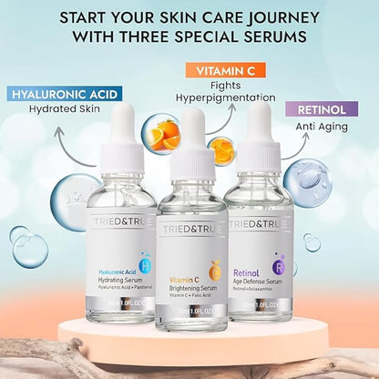 The Ageless Beauty Kit- Retinol Serum, Vitamin C Serum, and Hyaluronic Acid Serum- Skin brightening, anti-aging, skin perfecting kit- 3 Serum Set- TRIED & TRUE