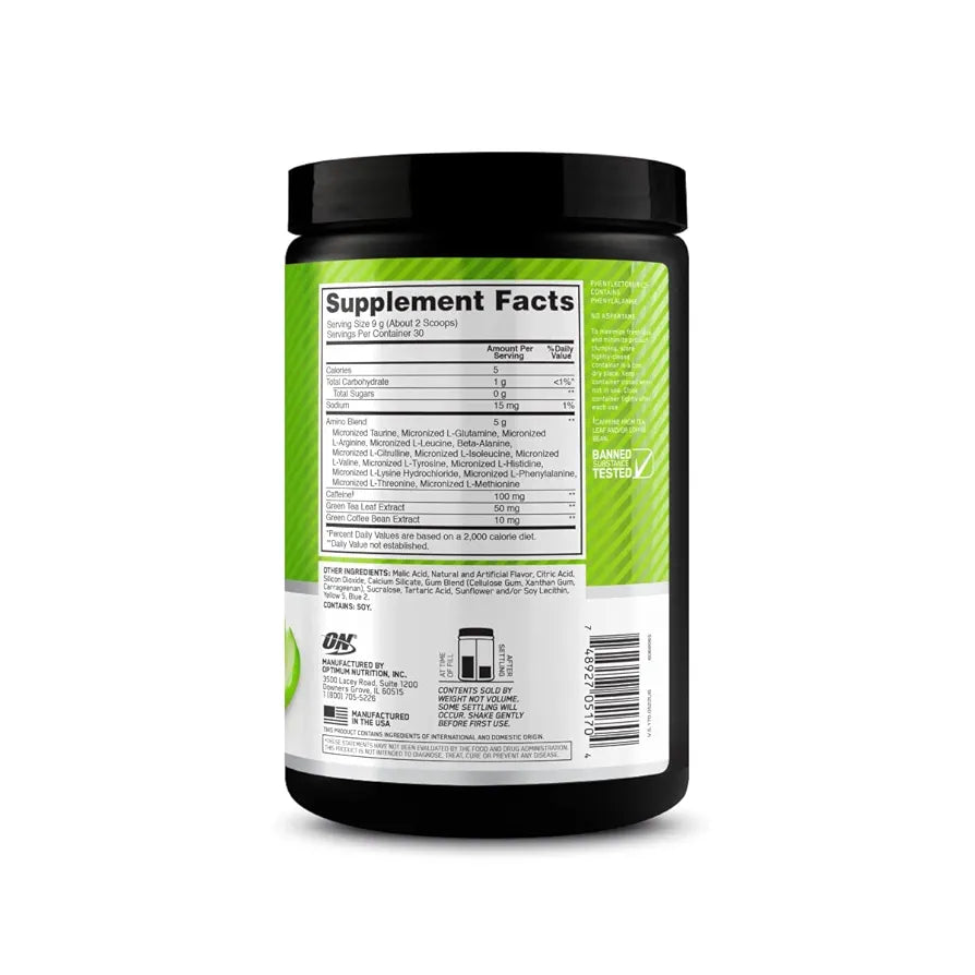 Optimum Nutrition Amino Energy - Pre Workout with Green Tea, BCAA, Amino Acids, Keto Friendly, Green Coffee Extract, Energy Powder - Green Apple, 30 Servings 