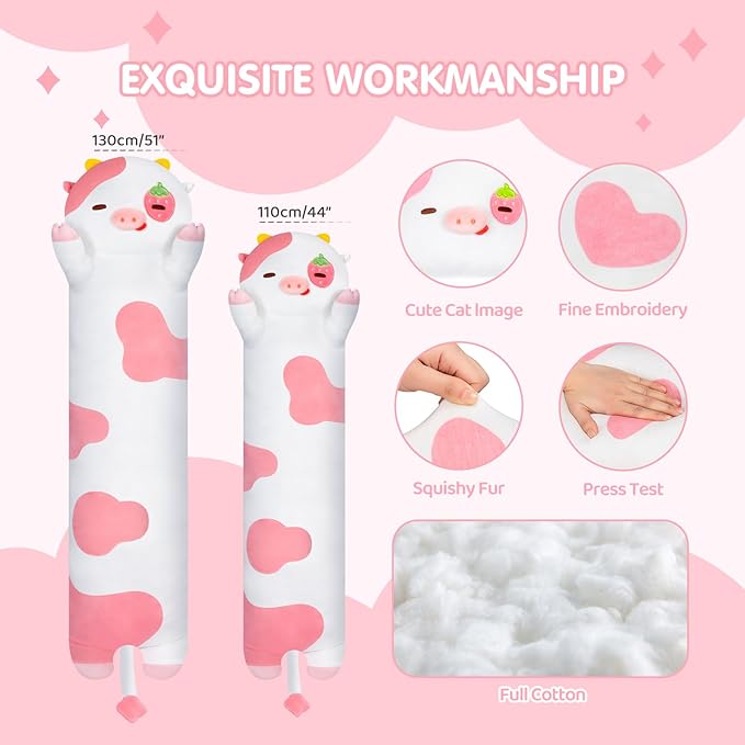 Long Cow Plush Kawaii Kids Plush Toy Pillows, Cute Cow Stuffed Animals Soft Plushies, Kitten Big Plush Toys Throw Body Pillow Doll Gift for Girls Boys (Strawberry Cow 44 Inch