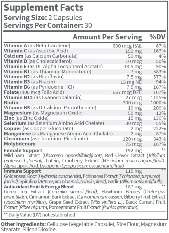 Women’s Multivitamin Capsules - Complete Supplement with Biotin, Folate, and Zinc - Supports Energy, Fertility, Hormones, and Sleep | 60 Capsules