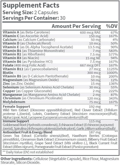 Women’s Multivitamin Capsules - Complete Supplement with Biotin, Folate, and Zinc - Supports Energy, Fertility, Hormones, and Sleep | 60 Capsules