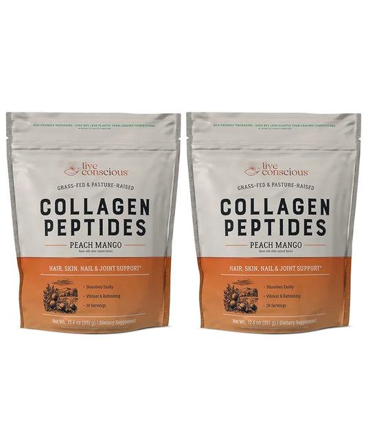 Live Conscious Collagen Peptides Powder - Peach Mango Flavored Collagen Powder - Hair, Skin, Nail, & Joint Support - Type I & III Grass-Fed Collagen Supplements for Women and Men 