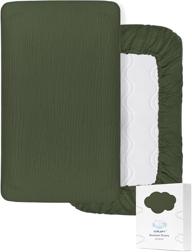 Olive Green Bassinet Mattress Sheets, Muslin Bassinet Sheet 32"x16" for Rectangle, Oval, Hourglass Bassinet Mattress, Moses Basket Sheets (46B-10)