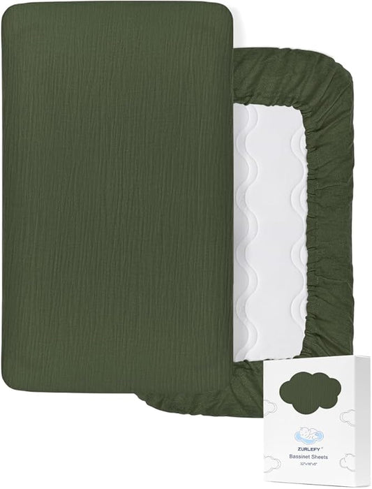 Olive Green Bassinet Mattress Sheets, Muslin Bassinet Sheet 32"x16" for Rectangle, Oval, Hourglass Bassinet Mattress, Moses Basket Sheets (46B-10)