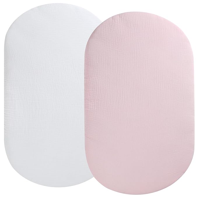 Muslin Bassinet Sheet Compatible with Snoo Smart Sleeper, Dream On Me Lacy Portable, Safety 1st Sleeper Bassinet, 2 Pack Cotton Fitted Bassinet Sheets for Baby White & Pink