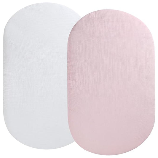 Muslin Bassinet Sheet Compatible with Snoo Smart Sleeper, Dream On Me Lacy Portable, Safety 1st Sleeper Bassinet, 2 Pack Cotton Fitted Bassinet Sheets for Baby White & Pink