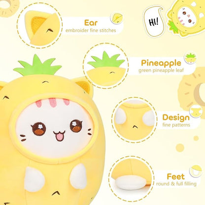 Cute Plush Pineapple Cat Stuffed Animal Pillow, 8" Soft Kawaii Kitten Plushie with Pineapple Outfit Gift for Kids