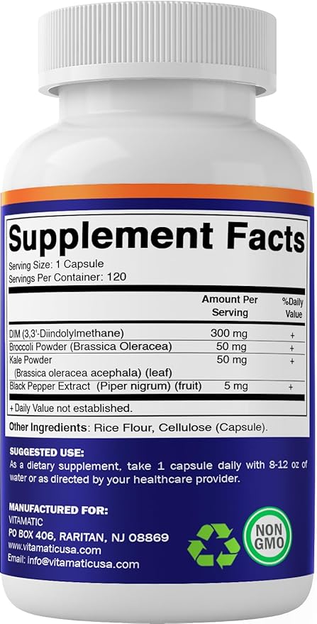 Vitamatic DIM Supplement Complex for Women & Men - 300mg - 120 Veg Capsules - Made with Black Pepper, Broccoli Powder & Kale Powder - Non-GMO & Gluten Free - Supports Hormonal Balance