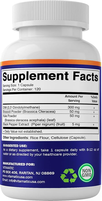 Vitamatic DIM Supplement Complex for Women & Men - 300mg - 120 Veg Capsules - Made with Black Pepper, Broccoli Powder & Kale Powder - Non-GMO & Gluten Free - Supports Hormonal Balance