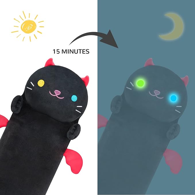 Long Cat Plush Kawaii Kids Plush Toy Pillows, Luminous Light Up Black Cat Stuffed Animals Kawaii Night Light Plushies Body Pillow Glow in The Dark Gift for Girls Boys (28 Inch)