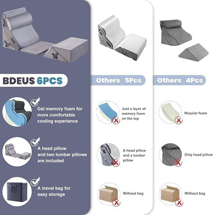 BDEUS 6pcs Orthopedic Bed Wedge Memory Foam Pillow Set for Sleeping Post Surgery Pain Relief Acid Reflux Snug Stop Adjustable Body Positioners Sitting Up in Bed with Travel Bag