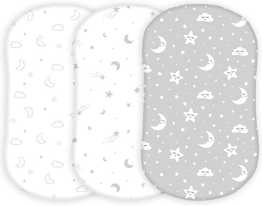 TansyPanda Bassinet Sheets for Halo Bassinest Swivel, Flex, Glide, Premiere and Luxe Series Sleeper, Pack of 3, 33 X 17 Inch, Ultra Soft, Snug Fit, Unisex Boys Girls, Gray White (Moon, Stars, Clouds)