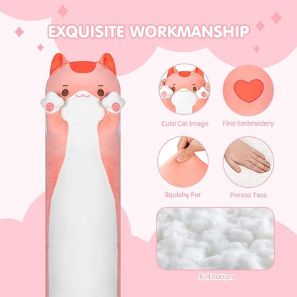 Long Cat Plush Kids Body Pillow, 28 Inch Cute Pink Cat Stuffed Animals Soft Plushies, Kitten Kawaii Plush Throw Pillow Doll Toy Gift for Girlfriend