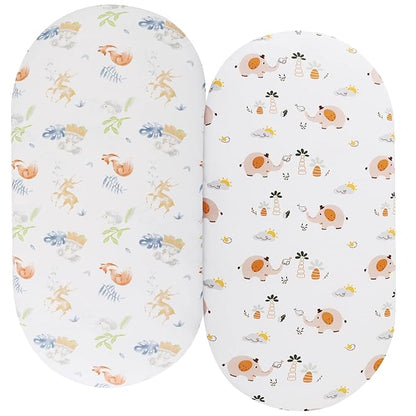 Bassinet Sheets Compatible with Baby Delight Beside Me Dreamer Bassinet, 2 Pack, 100% Jersey Knit Cotton 190GSM, Ultra Soft Breathable, Fox Deer and Elephant