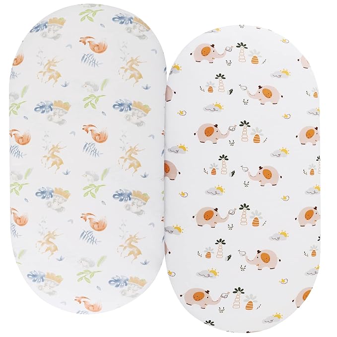 Bassinet Fitted Sheets Compatible with SNOO Happiest Baby Oval Bassinet, 2 Pack, 100% Jersey Knit Cotton 190GSM, Ultra Soft Breathable, Fox Deer and Elephant