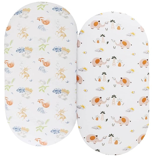 Bassinet Fitted Sheets Compatible with SNOO Happiest Baby Oval Bassinet, 2 Pack, 100% Jersey Knit Cotton 190GSM, Ultra Soft Breathable, Fox Deer and Elephant