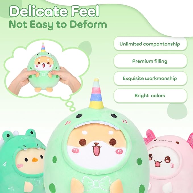 Cute Plush Shiba Inu Dinosaur Stuffed Animal Pillow, 8" Soft Kawaii Akita Plushie with Dinosaur Outfit Gift for Kids