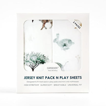 Stretchy Ultra Soft Jersey Knit Fitted Pack n Play Sheets Set 2 Pack, Portable/Mini Crib Sheets for Boys and Girls, Stylish Playard Sheets Fitted Safe and Snug, African Savannah Animals Pattern
