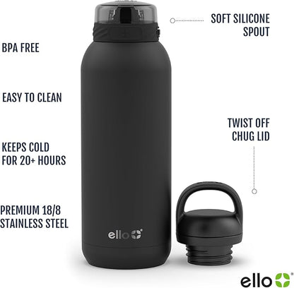Ello Cooper 40oz Stainless Steel Water Bottle with 2 Lids Chug and Straw | Leak Proof | Double Walled and Vacuum Insulated | Built in Carry Loop | Dishwasher Safe | White Marble