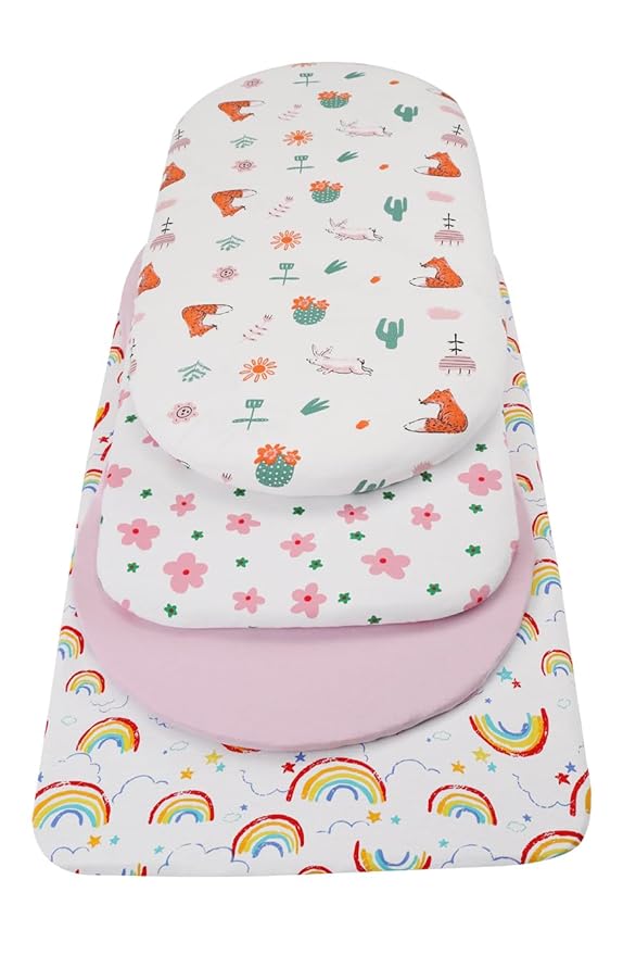 Bassinet Sheets Compatible with Arm's Reach Co-Sleeper Bassinet, 2 Pack, 100% Jersey Knit Cotton 190GSM, Ultra Soft Breathable, Floral and Pink