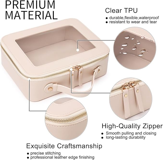 Clear Makeup Bag for Women Waterproof Travel Cosmetics and Toiletries Case Portable Makeup Oaganizer Bag Clear Car Bag with Zipper (Beige, M+L-1)