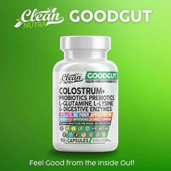 Colostrum Supplement Capsules Probiotics Pills Prebiotics, L-Glutamine, Digestive Enzymes, Folate, Fiber, ACV, Turmeric, Apple Pectin and Turmeric Clean Nutra Good Gut