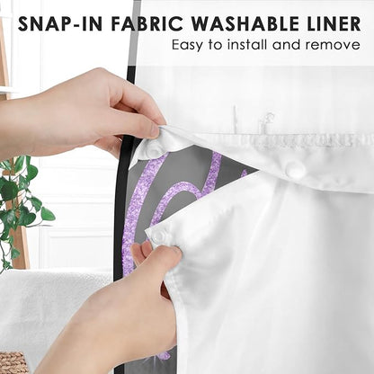 King and Queen No Hook Shower Curtain with Snap in Liner, Black and Purple Glitter Bath Curtain with Double Layers Waterproof Fabric and Mesh Top Window 71x74 Inch