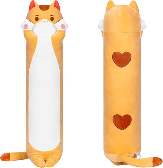 Long Cat Plush Kawaii Body Pillow, 20” Cute Brown Cat Stuffed Animals Soft Plushies, Orange Kitten Plush Throw Pillow Doll Toy Gift for Girlfriend