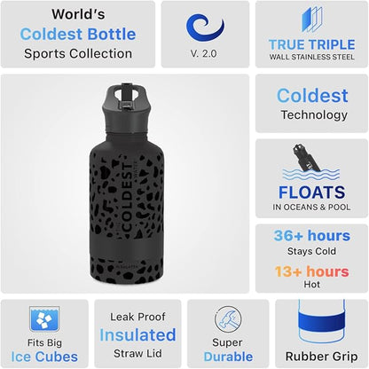 Coldest Sports Water Bottle - 64 oz(Straw Lid), Leak Proof, Vacuum Insulated Stainless Steel, Hot Cold, Double Walled, Thermo Mug, Metal Canteen (64 oz, Black Leopard)